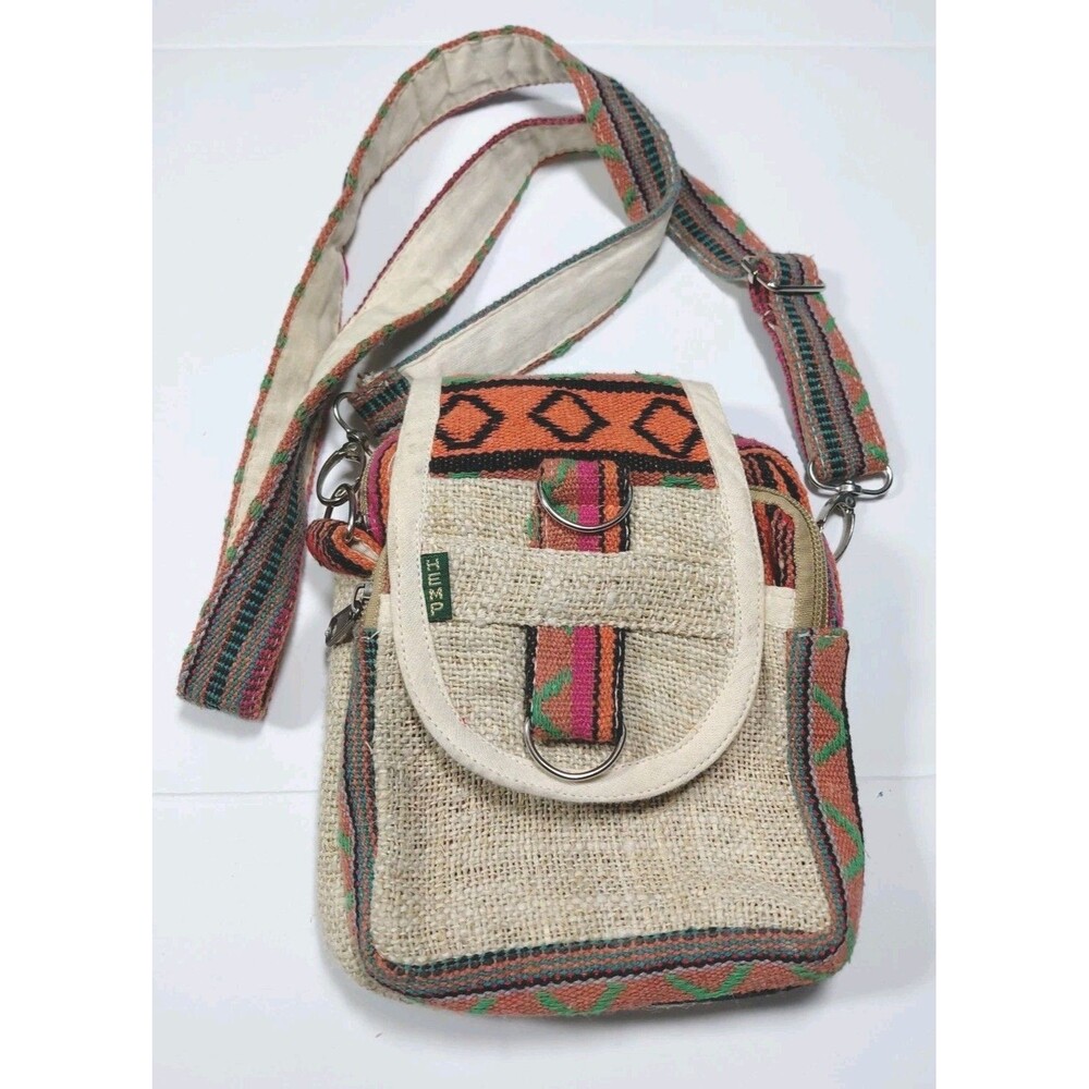 Hemp Small Adjustable Detachable Strap Zip Closure 2 Sections Crossbody Bag
